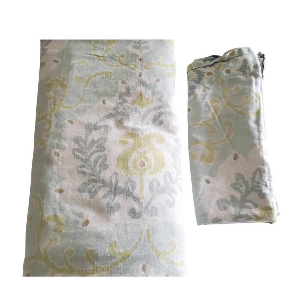 Pottery Barn Queen Duvet Cover & Pillowcase Cotton Linen Ikat Damask Sage‎ Blue